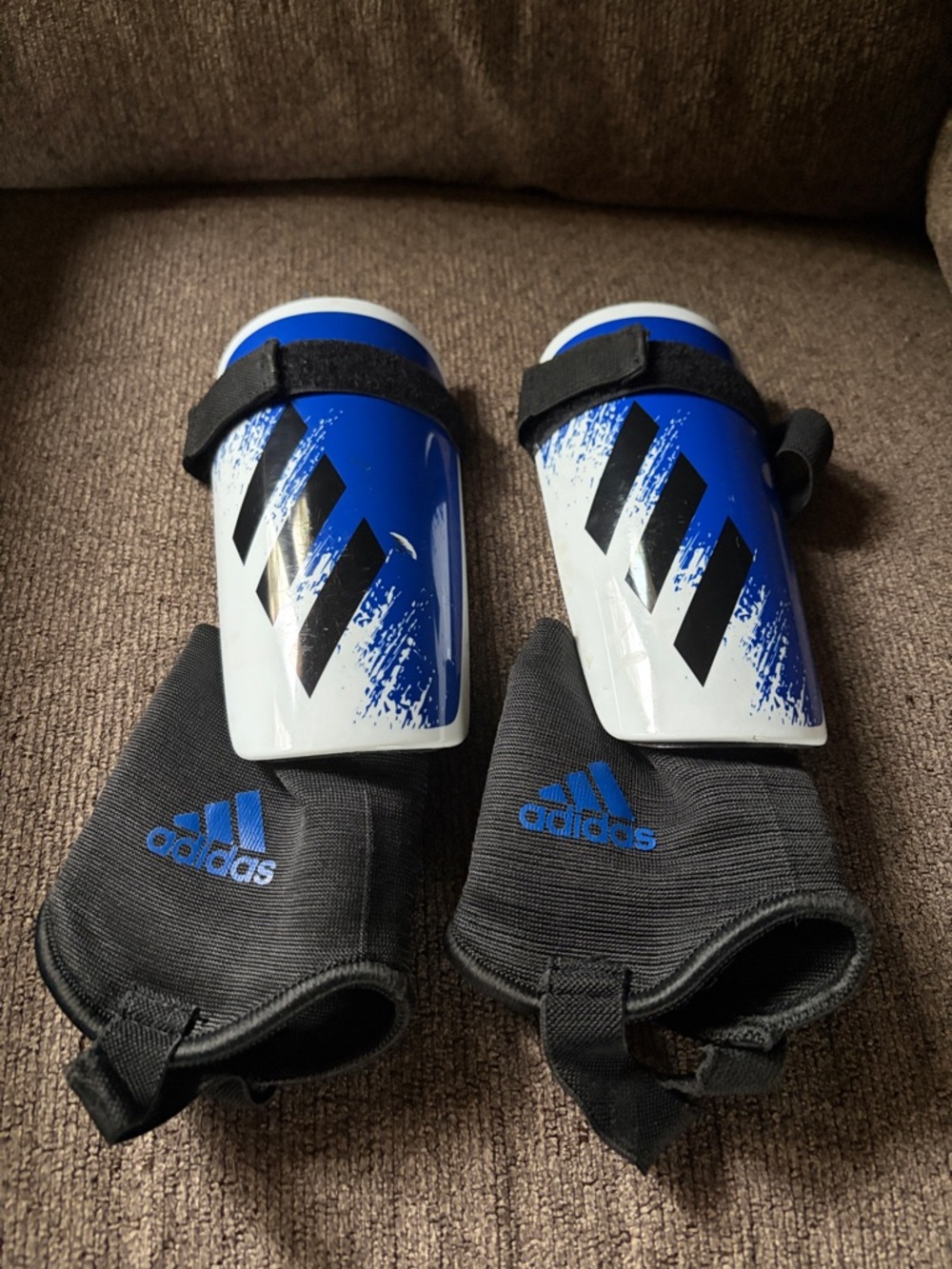 adidas Blue, White & Black Soccer Shin Guards with Anklet Sleeves
